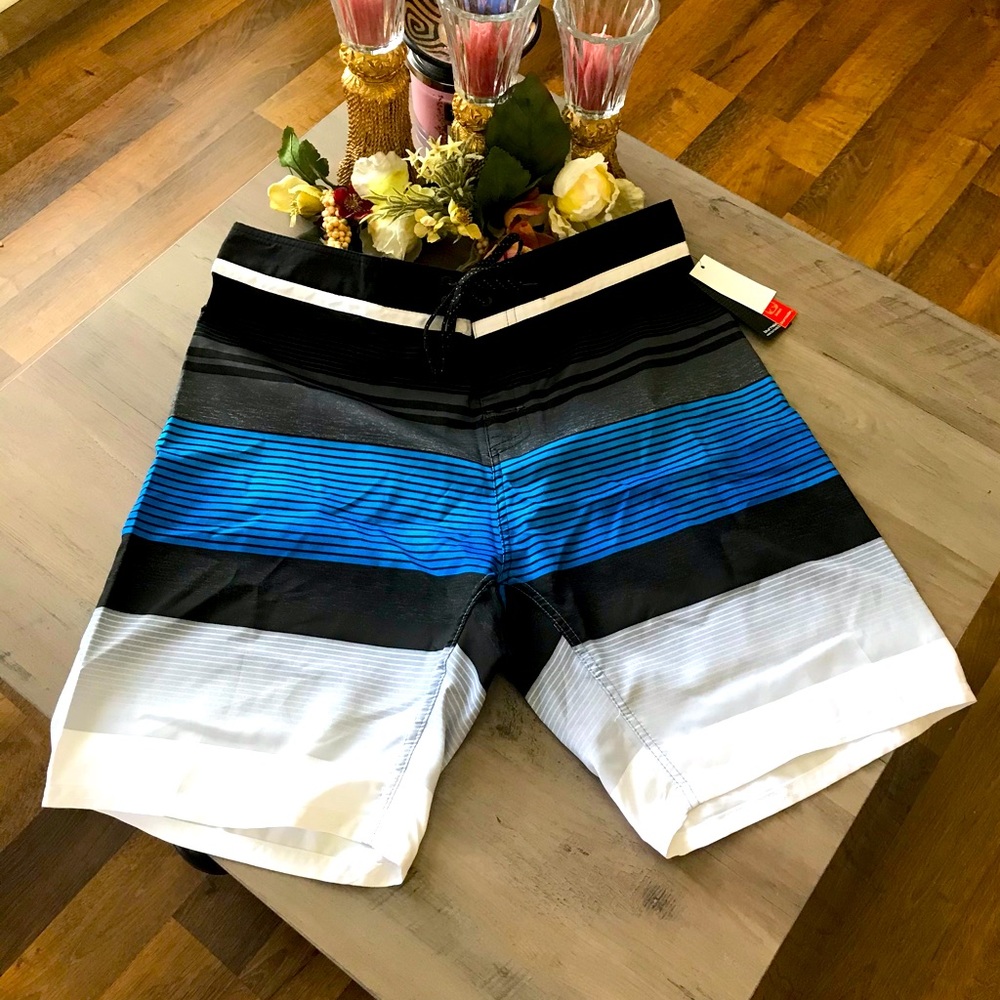 Burnside blue & black stripe boardshort.